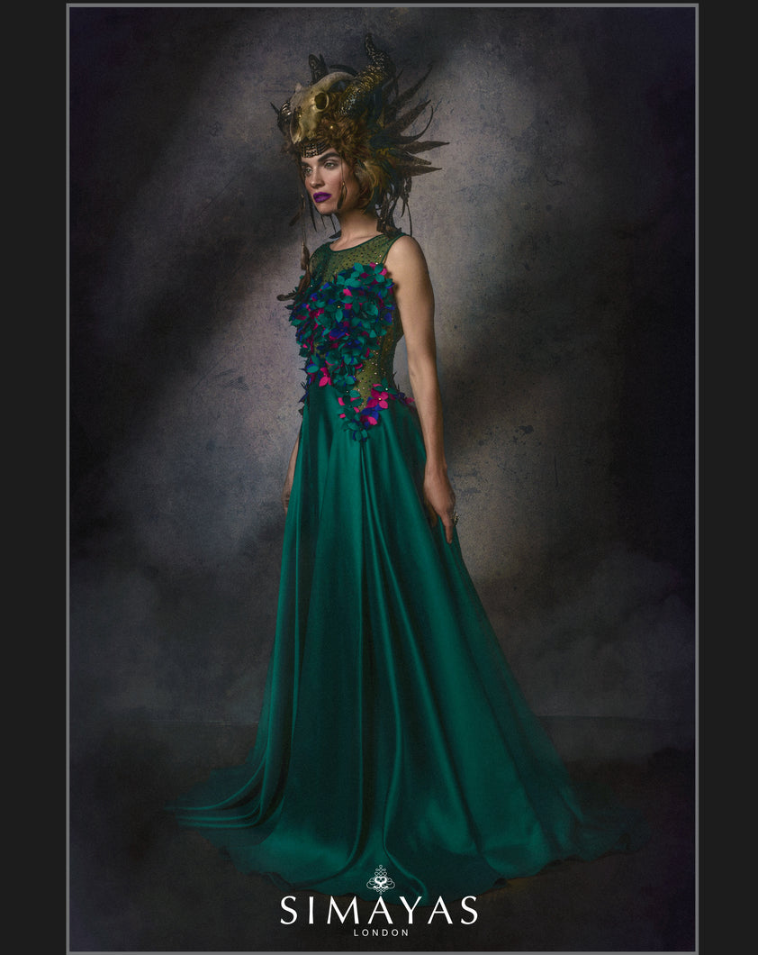 Emerald green gown with 3d floral appliqué