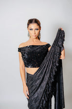 Load image into Gallery viewer, Black and Silver ruffle saree with blouse