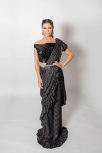 Load image into Gallery viewer, Black and Silver ruffle saree with blouse