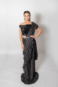 Black and Silver ruffle saree with blouse