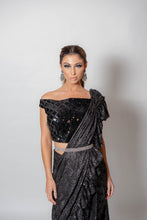 Load image into Gallery viewer, Black and Silver ruffle saree with blouse