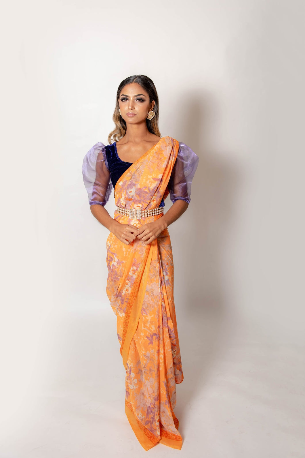 Orange and Lilac - Semi Stitched Saree