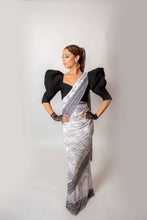 Load image into Gallery viewer, White and Black Floral - Semi stitched Saree