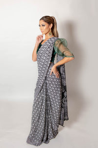 Black and White Lotus - Semi Stitched Saree