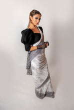 Load image into Gallery viewer, White and Black Floral - Semi stitched Saree