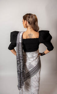 White and Black Floral - Semi stitched Saree