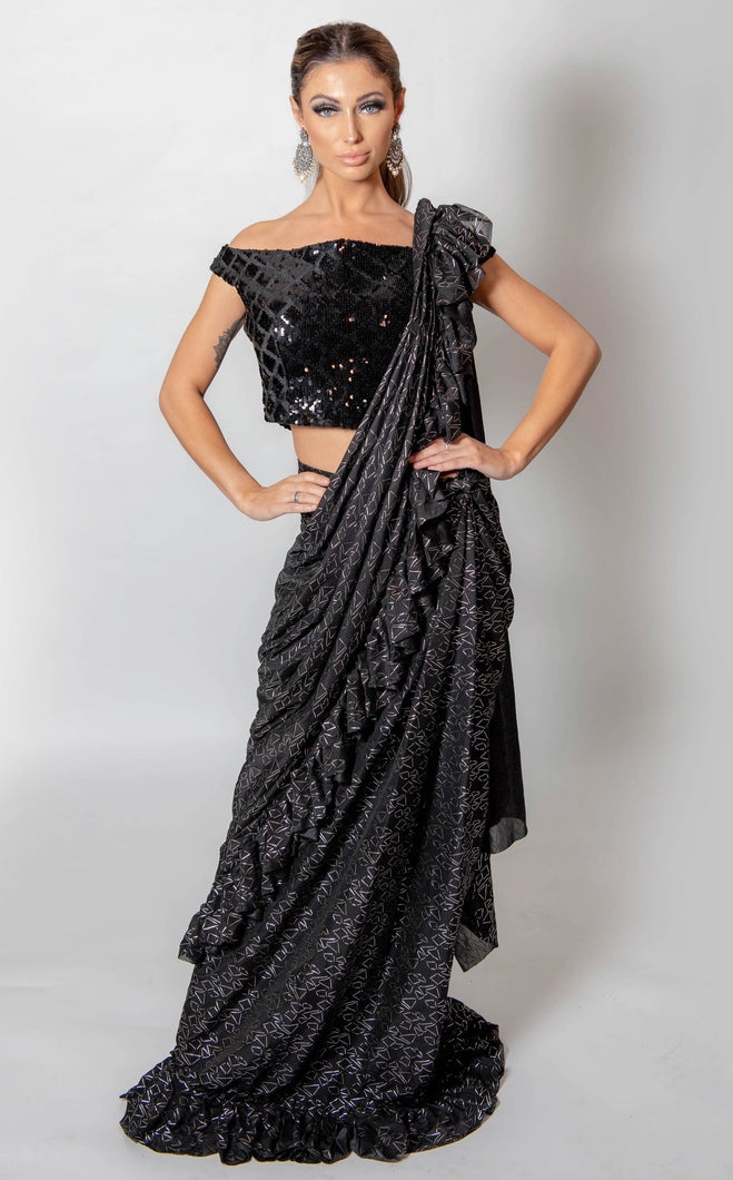 Black and Silver ruffle saree with blouse