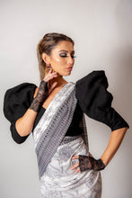 Load image into Gallery viewer, White and Black Floral - Semi stitched Saree