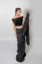 Load image into Gallery viewer, Black and Silver ruffle saree with blouse